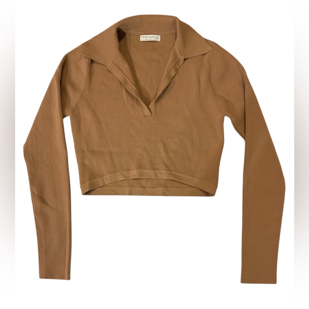 Miss Love Tan Ribbed Fitted Long Sleeve Cropped Top  Size S